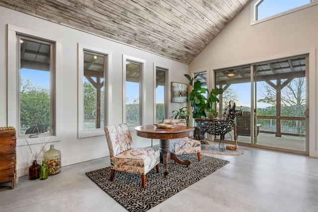 105 Valley View Trl, Comfort, TX 78013 - sunroom featuring concrete flooring, wooden ceiling, baseboards, and high vaulted ceiling