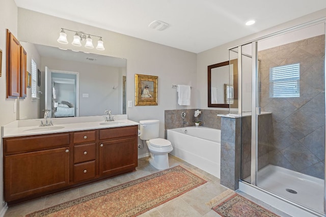 476 Sheepshank Dr, Georgetown, TX 78633 - full bathroom featuring a shower stall, double vanity, a bath, and tile patterned floors
