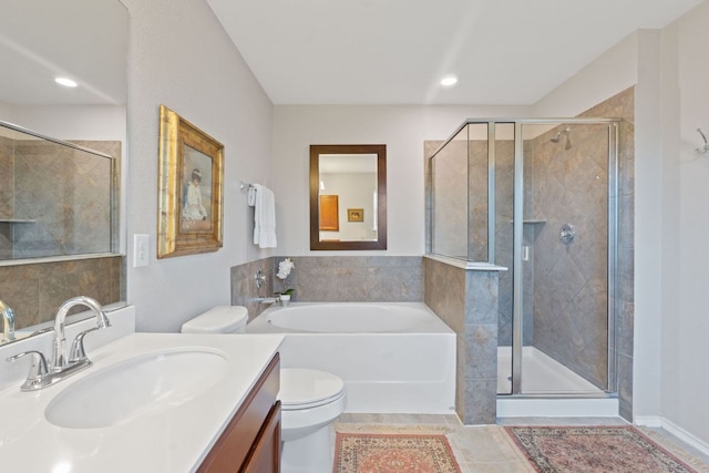 476 Sheepshank Dr, Georgetown, TX 78633 - full bathroom with vanity, a garden tub, a shower stall, toilet, and recessed lighting