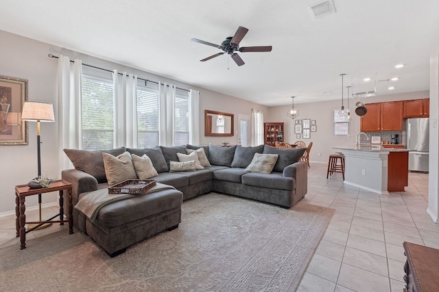 476 Sheepshank Dr, Georgetown, TX 78633 - living area featuring ceiling fan, light tile patterned flooring, baseboards, and recessed lighting