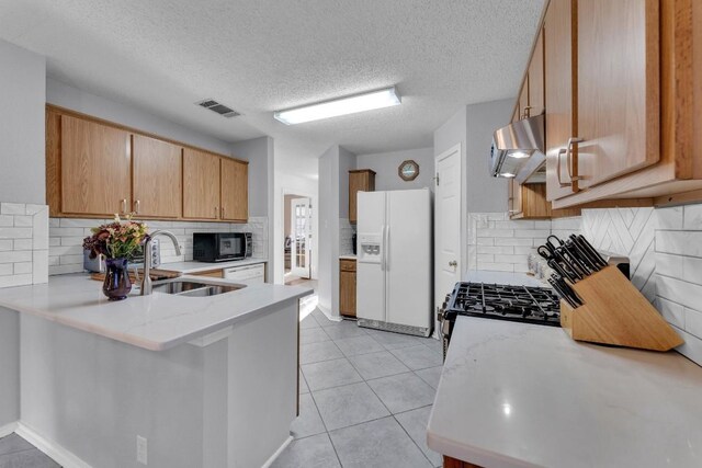 302 Debora Dr, Georgetown, TX 78628 - kitchen featuring white appliances, a peninsula, decorative backsplash, a sink, and under cabinet range hood