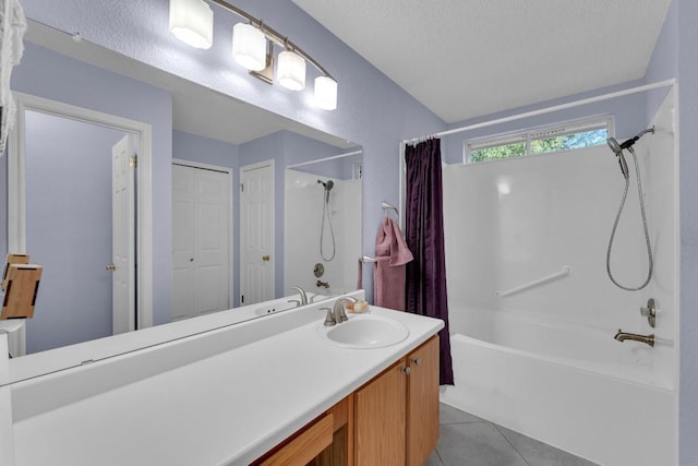 302 Debora Dr, Georgetown, TX 78628 - full bathroom featuring shower / bathtub combination with curtain, a textured ceiling, tile patterned floors, vanity, and lofted ceiling