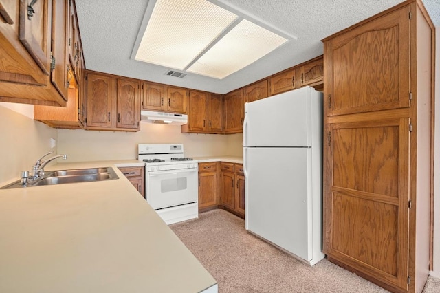 1046 Verbena Dr Unit 1474, Austin, TX 78750 - kitchen featuring white appliances, under cabinet range hood, a sink, light colored carpet, and brown cabinets