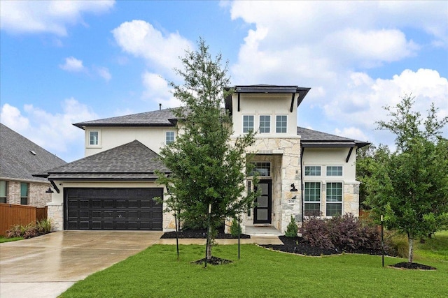 208 Carolina Jasmine Dr, San Marcos, TX 78666 - view of front of property featuring stone siding, an attached garage, stucco siding, concrete driveway, and roof with shingles