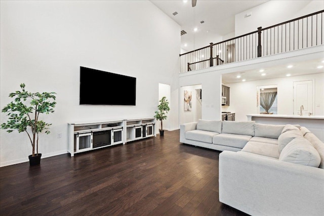 208 Carolina Jasmine Dr, San Marcos, TX 78666 - living area featuring wood finished floors, a high ceiling, recessed lighting, and baseboards