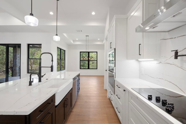 310 Apache Tears, Horseshoe Bay, TX 78657 - kitchen with under cabinet range hood, stainless steel appliances, light wood-style floors, dark brown cabinetry, and recessed lighting