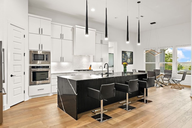 3417 Prairie Heights Dr, Leander, TX 78641 - kitchen with appliances with stainless steel finishes, a sink, a breakfast bar area, light wood finished floors, and pendant lighting