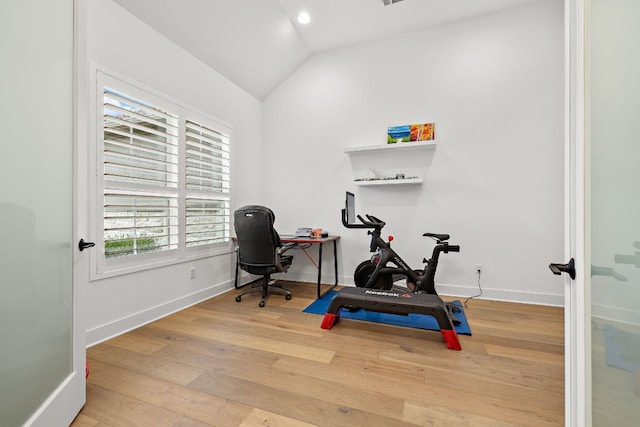 3417 Prairie Heights Dr, Leander, TX 78641 - workout room featuring lofted ceiling, wood finished floors, baseboards, and recessed lighting