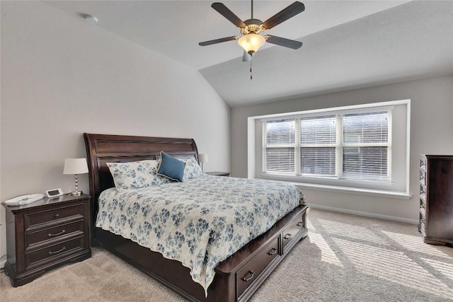 131 Mount Ellen St, Hutto, TX 78634 - bedroom with light colored carpet, vaulted ceiling, baseboards, and ceiling fan