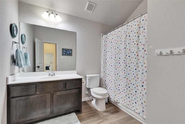 131 Mount Ellen St, Hutto, TX 78634 - full bathroom featuring toilet, vanity, wood finished floors, a shower with curtain, and lofted ceiling