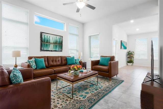 19201 Quebrada Dr, Pflugerville, TX 78660 - living room with a ceiling fan, light tile patterned flooring, and recessed lighting