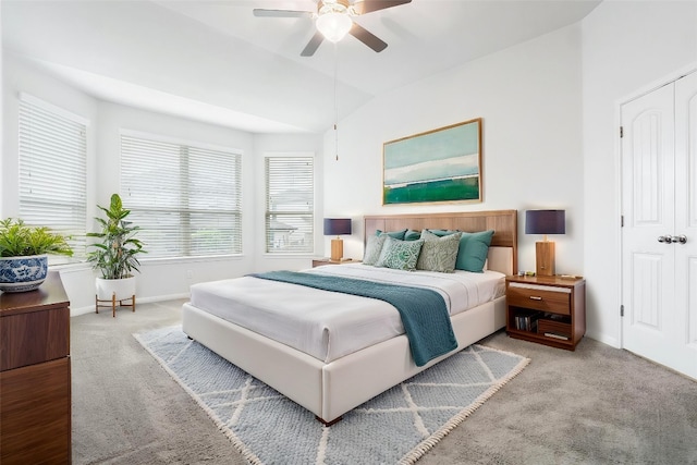 19201 Quebrada Dr, Pflugerville, TX 78660 - bedroom with lofted ceiling, carpet, and a ceiling fan