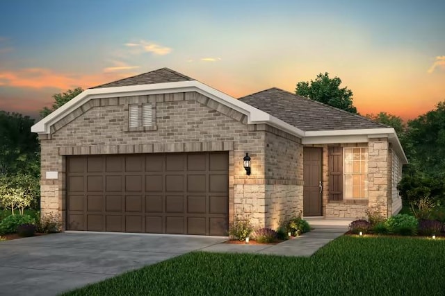 123 Crossbar St, Georgetown, TX 78633 - view of front of home featuring stone siding, a shingled roof, driveway, a garage, and brick siding