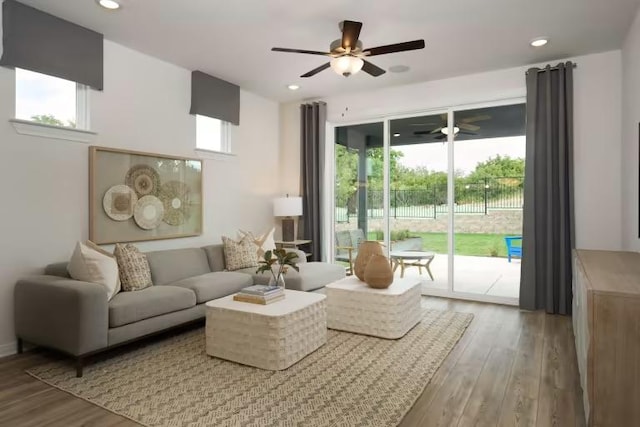 123 Crossbar St, Georgetown, TX 78633 - living room with wood finished floors, a ceiling fan, and recessed lighting