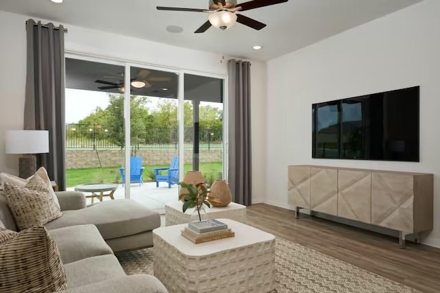 123 Crossbar St, Georgetown, TX 78633 - living room with ceiling fan, wood finished floors, and recessed lighting