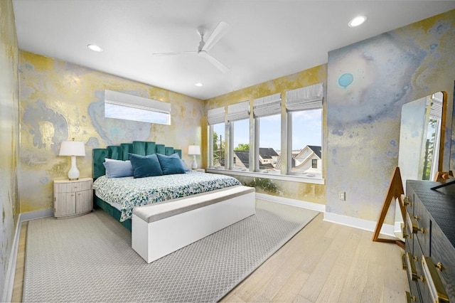 2002 E 8th St, Austin, TX 78702 - bedroom with light wood-style flooring, baseboards, recessed lighting, wallpapered walls, and a ceiling fan