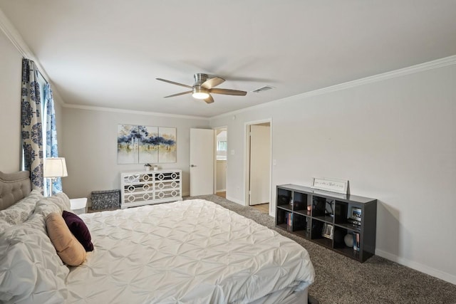 carpeted bedroom with ornamental molding, ceiling fan, baseboards, and multiple windows