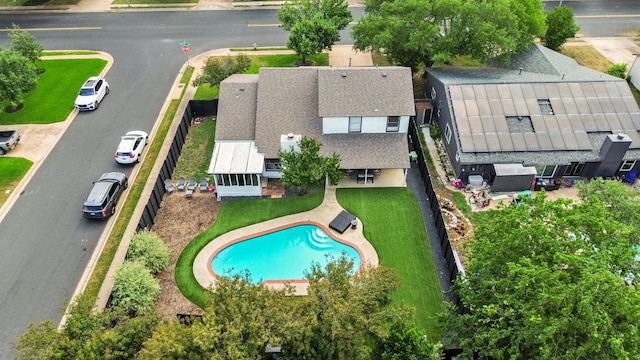 drone / aerial view of a pool