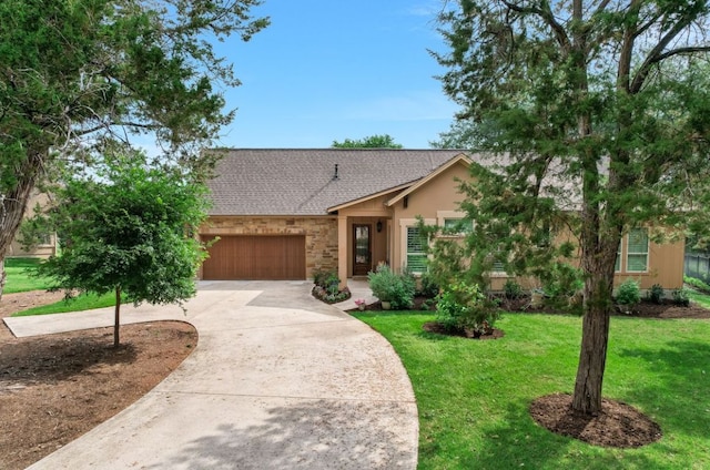12525 Gray Camlet Ln, Austin, TX 78748 - view of front of house with a garage, driveway, a front yard, roof with shingles, and stone siding