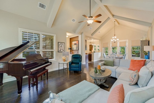 12525 Gray Camlet Ln, Austin, TX 78748 - living room with a chandelier, hardwood / wood-style flooring, beam ceiling, a ceiling fan, and high vaulted ceiling