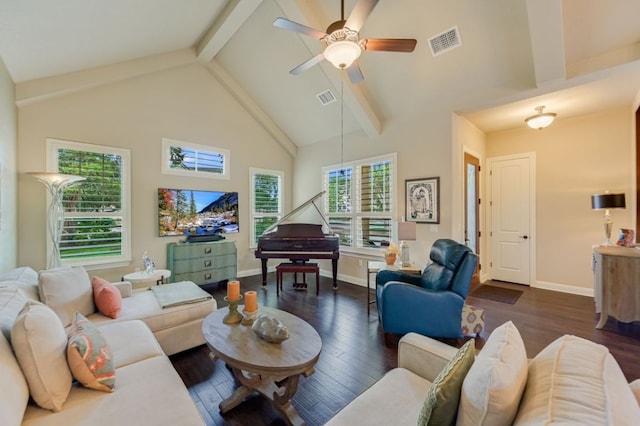 12525 Gray Camlet Ln, Austin, TX 78748 - living area with dark wood finished floors, beam ceiling, baseboards, ceiling fan, and high vaulted ceiling