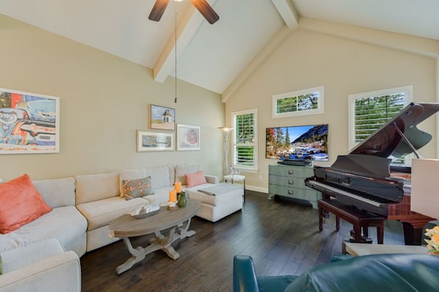12525 Gray Camlet Ln, Austin, TX 78748 - living room with wood-type flooring, beam ceiling, ceiling fan, healthy amount of natural light, and baseboards
