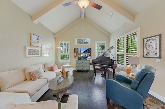 12525 Gray Camlet Ln, Austin, TX 78748 - living area featuring beam ceiling, healthy amount of natural light, dark wood finished floors, ceiling fan, and baseboards