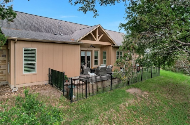 12525 Gray Camlet Ln, Austin, TX 78748 - rear view of property with outdoor lounge area, ceiling fan, a patio area, board and batten siding, and a shingled roof