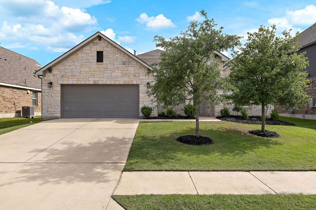 view of front of house featuring a garage, driveway, a front yard, stone siding, and cooling unit
