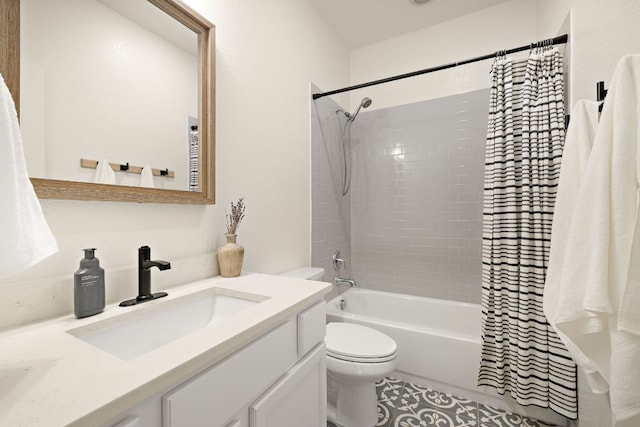 full bathroom with toilet, shower / tub combo with curtain, and vanity