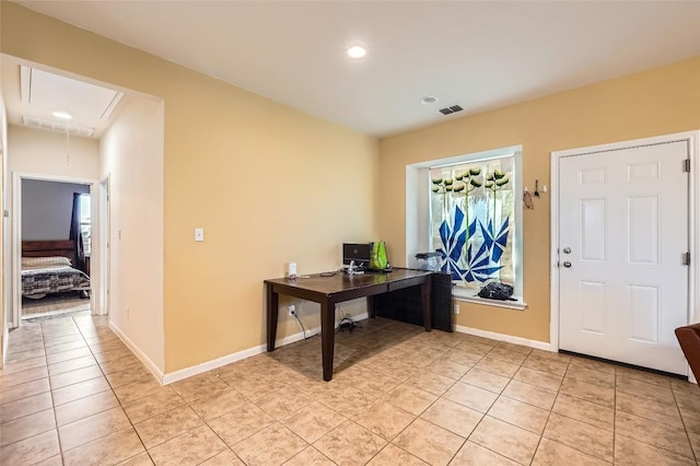 129 Bosque Dr, San Marcos, TX 78666 - office with attic access, light tile patterned floors, recessed lighting, and baseboards
