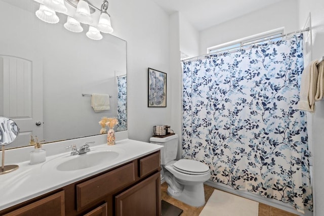 1121 Salem Park Ct, Austin, TX 78745 - bathroom featuring vanity, toilet, tile patterned floors, and curtained shower