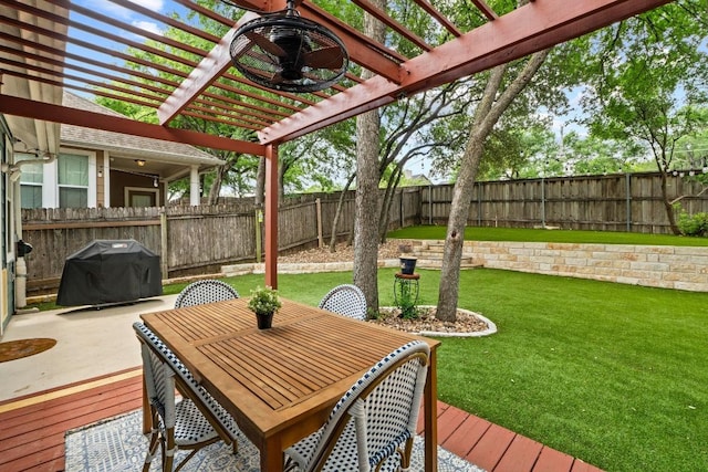 1121 Salem Park Ct, Austin, TX 78745 - deck with a pergola, a ceiling fan, and grilling area