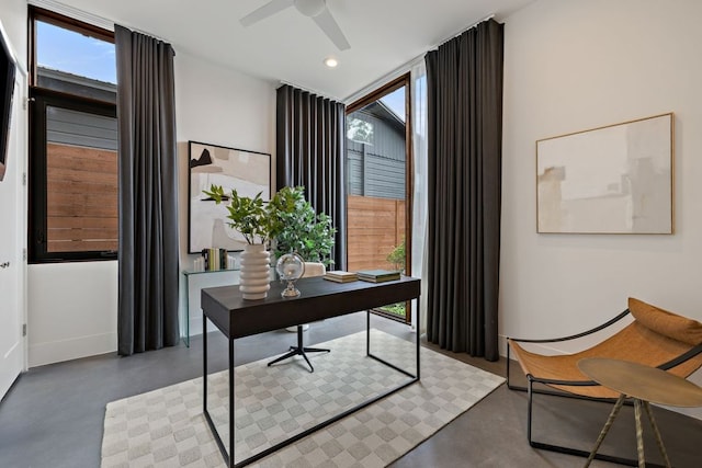 607 Terrell Hill Dr Unit B, Austin, TX 78704 - office area featuring concrete flooring, plenty of natural light, ceiling fan, and recessed lighting