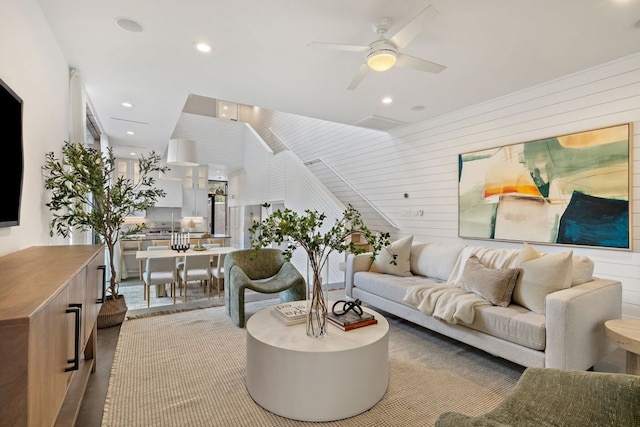 607 Terrell Hill Dr Unit B, Austin, TX 78704 - living area with a ceiling fan, wooden walls, and recessed lighting