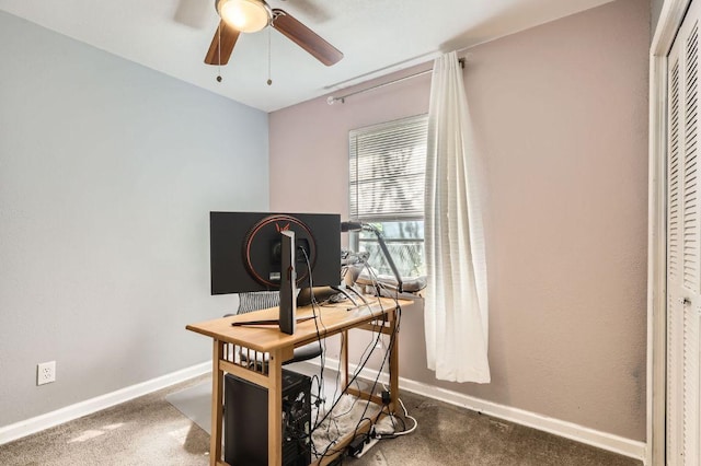 906 Hermitage Dr, Austin, TX 78753 - office area with baseboards, a ceiling fan, and carpet flooring