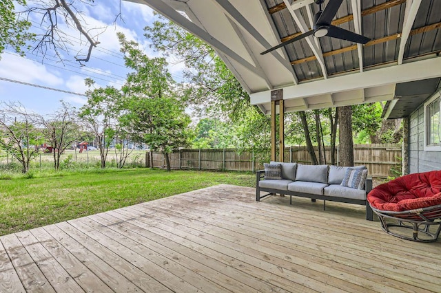 906 Hermitage Dr, Austin, TX 78753 - wooden terrace featuring a fenced backyard, an outdoor hangout area, and a ceiling fan
