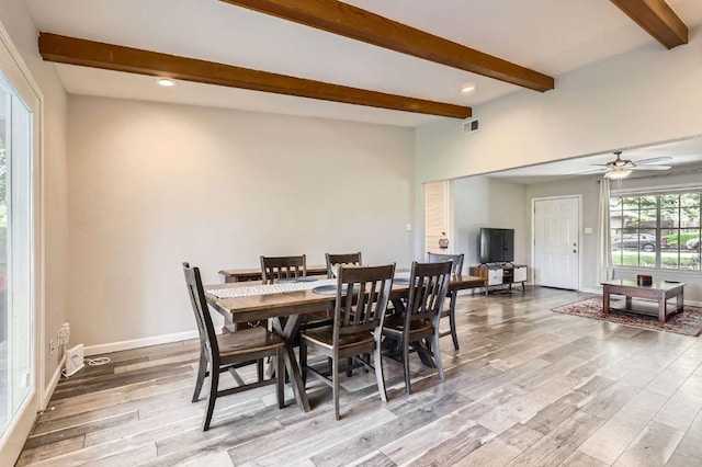906 Hermitage Dr, Austin, TX 78753 - dining room with wood finished floors, beam ceiling, a ceiling fan, and recessed lighting
