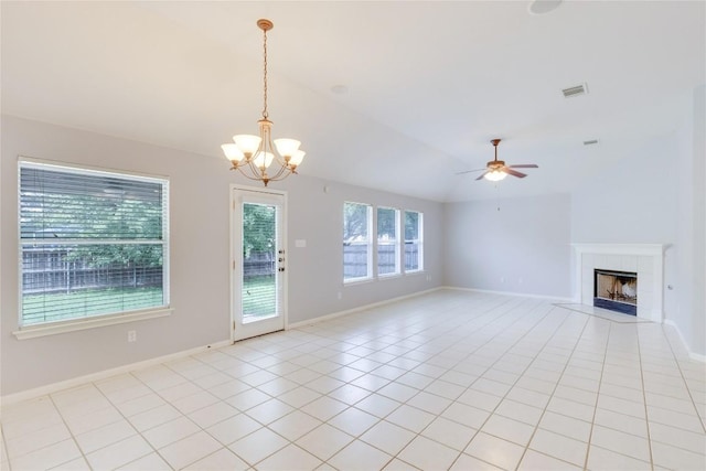 1012 Klondike Loop, Round Rock, TX 78665 - unfurnished living room with lofted ceiling, a chandelier, a tiled fireplace, light tile patterned floors, and a ceiling fan
