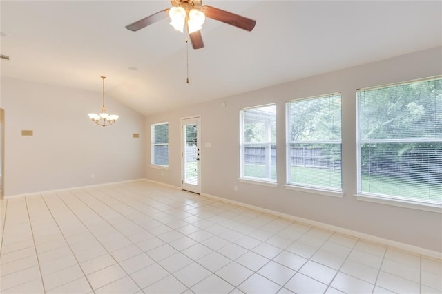 1012 Klondike Loop, Round Rock, TX 78665 - spare room with vaulted ceiling, a chandelier, light tile patterned floors, and a ceiling fan