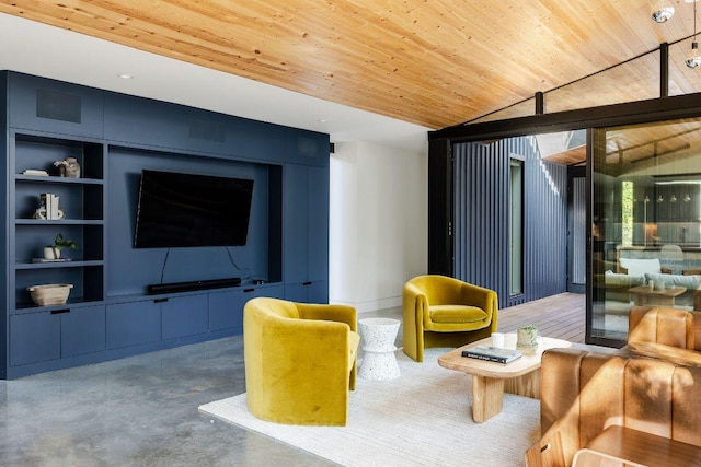 home theater with wood ceiling, built in features, lofted ceiling, and concrete floors