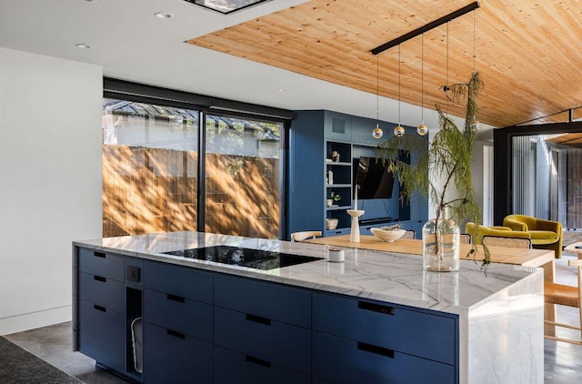 kitchen featuring black electric cooktop, wood ceiling, modern cabinets, hanging light fixtures, and built in features