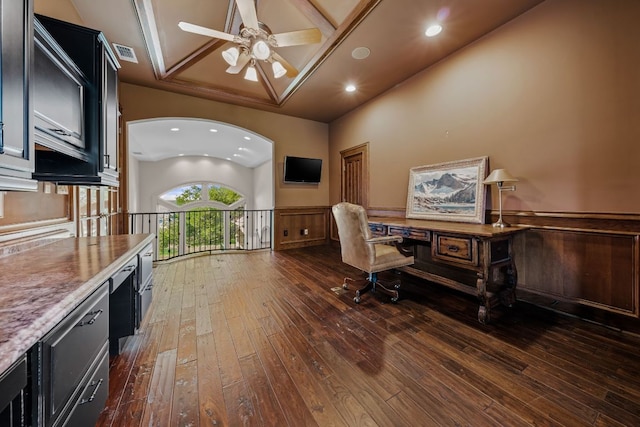 401 Brooks Hollow Rd, Lakeway, TX 78734 - office with wainscoting, dark wood-style flooring, a ceiling fan, and recessed lighting