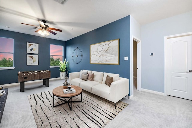 199 Limestone Trl, Austin, TX 78737 - carpeted living room featuring a ceiling fan and baseboards