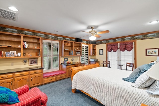 12 Hedge Ln, Austin, TX 78746 - bedroom featuring dark carpet, ornamental molding, and a ceiling fan