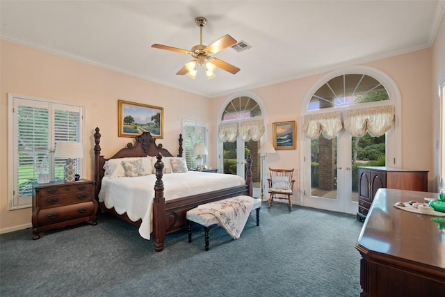 12 Hedge Ln, Austin, TX 78746 - carpeted bedroom with french doors, access to outside, multiple windows, ornamental molding, and a ceiling fan