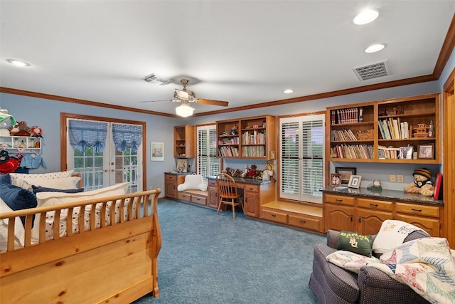12 Hedge Ln, Austin, TX 78746 - carpeted bedroom with ornamental molding, access to exterior, french doors, recessed lighting, and ceiling fan