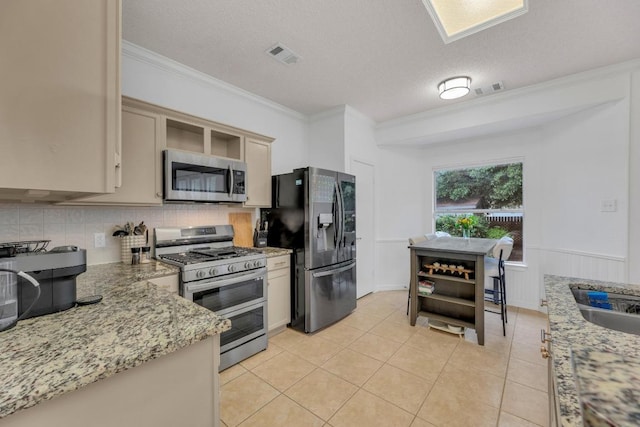 kitchen featuring stainless steel appliances, ornamental molding, decorative backsplash, open shelves, and light tile patterned flooring