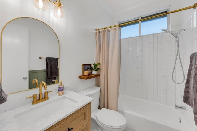 full bathroom with toilet, ornamental molding, shower / tub combo with curtain, and vanity