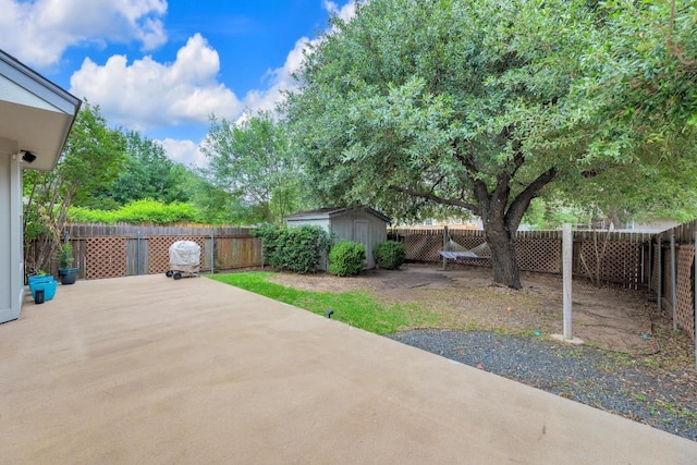 view of patio with a storage unit, an outdoor structure, and a fenced backyard